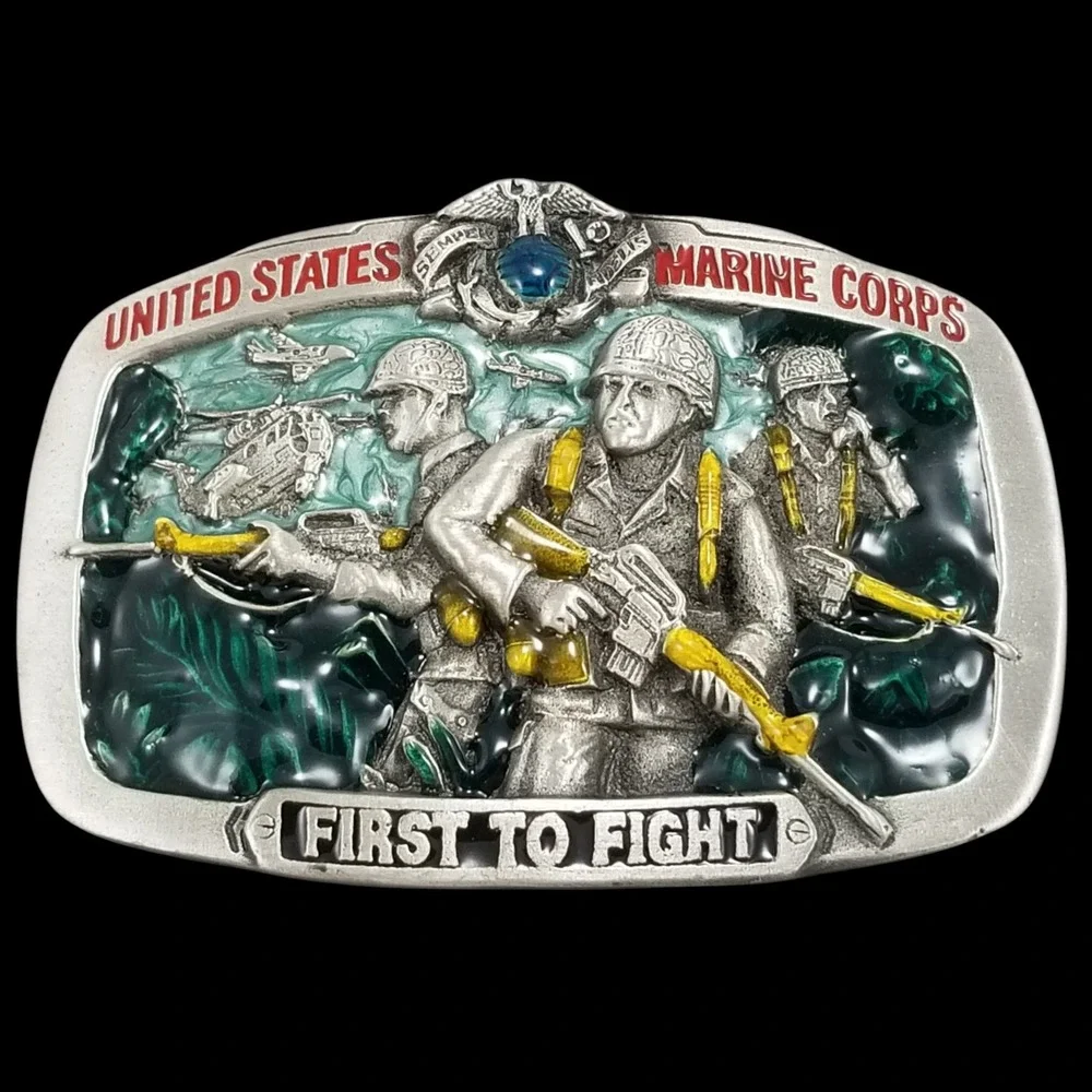 United States Marine Corps First to Fight‎ Belt Buckle USMC Vintage 1982 Pewter